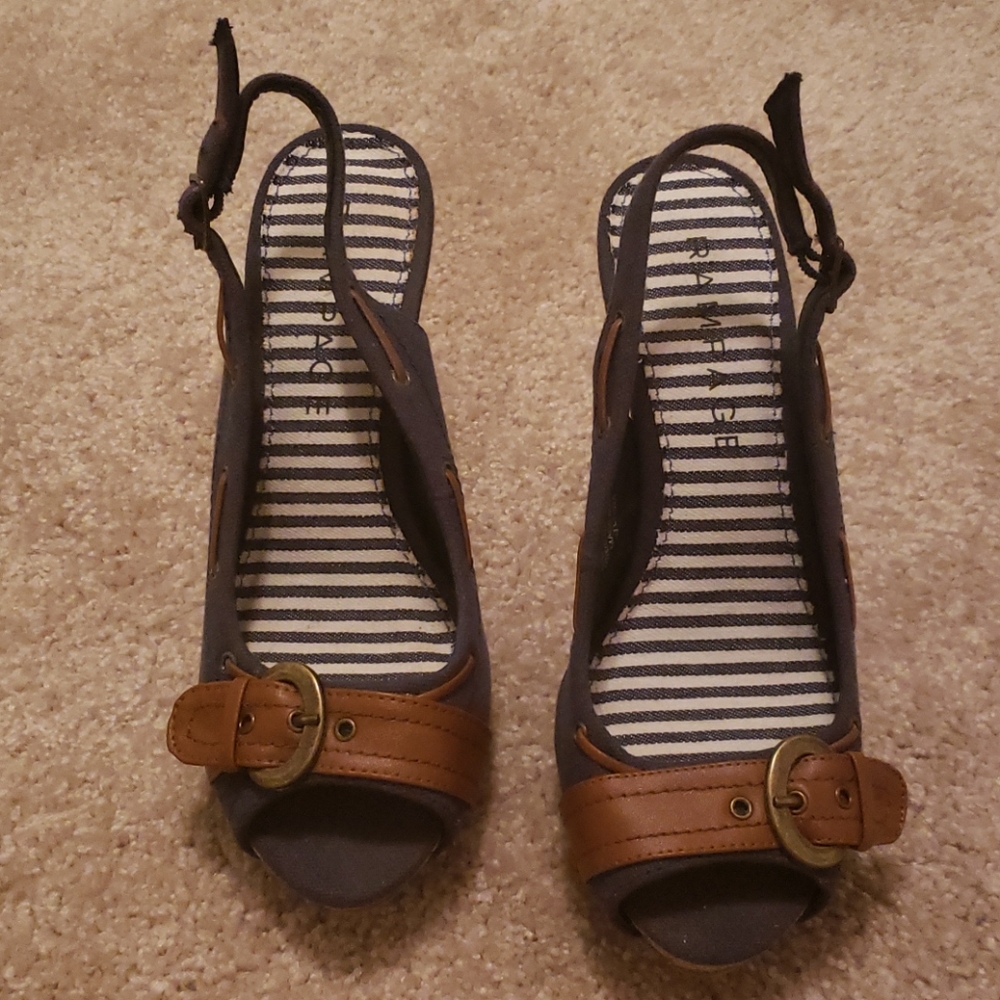 Blue, 3 inch cork peeptoe heels with a brown belt